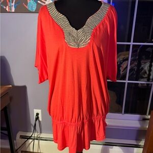 Chico's Vibrant Red Tunic with Embellished Neckline